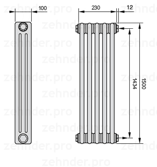 Схема (чертеж) Радиатор Zehnder Charleston 3150/5 №7610 Белый глянцевый RAL 9016